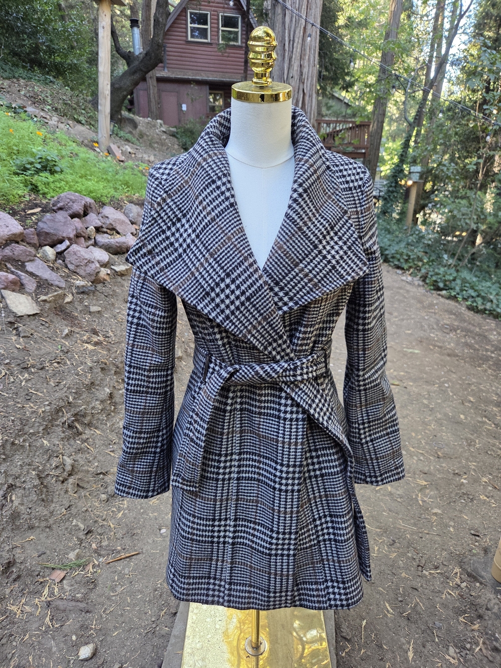 Calvin Klein Womens Fall Autumn Black & Brown Plaid Wrap Coat with Belt